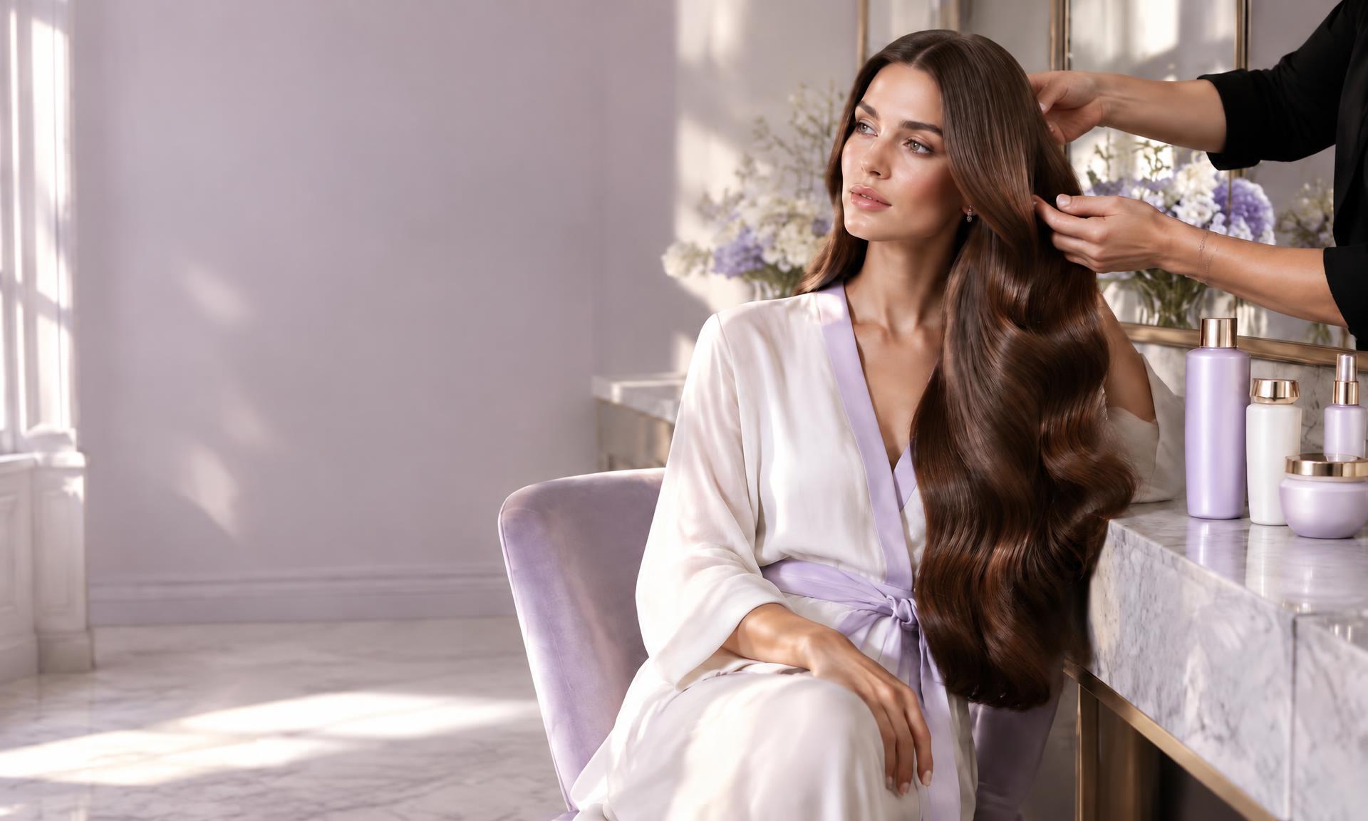 Cliente com cabelo longo a ser penteada por uma profissional